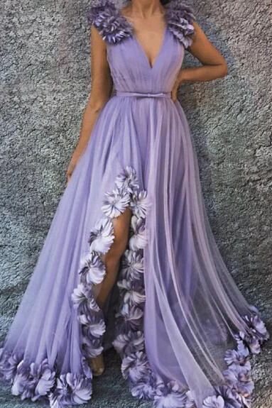 A Line V Neck Long Flowers Rushed Prom Dresses With Silt Evening Dresses PFP1652