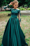 A Line Long Sleeves Dark Green Satin Appliques Prom Dresses Evening Dress PFP1653