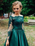 A Line Long Sleeves Dark Green Satin Appliques Prom Dresses Evening Dress PFP1653