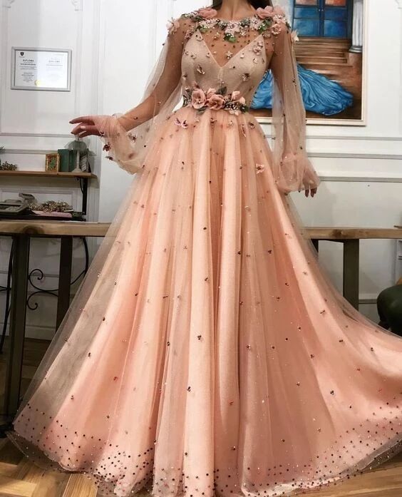 A line Long Sleeves Prom Dresses 3D Flowers Prom Dress Formal Evening   Promfast