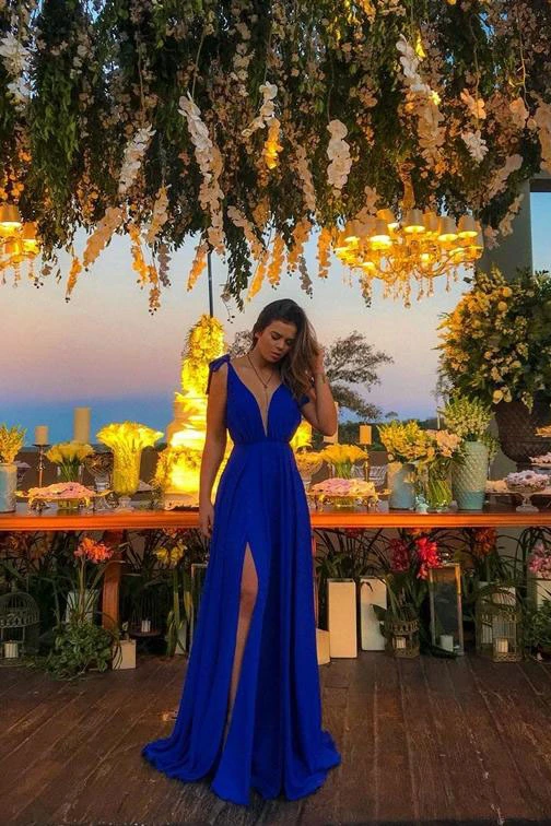 Promfast A-Line Deep V Neck Royal Blue High Split Long Prom Dresses, C Promfast A-Line Deep V Neck Royal Blue High Split Long Prom Dresses, C
