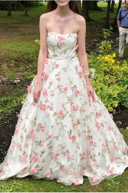 A Line Floral Long Prom Dresses Strapless Beautiful Flower Printed Prom Dress PFP1656