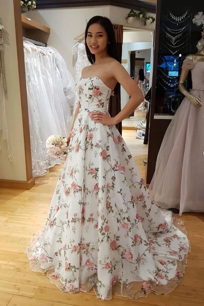 A Line Floral Long Prom Dresses Strapless Beautiful Flower Printed Pro ...