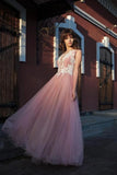 A-line Bateau Pink Tulle Long Prom Dresses Applique Formal Gowns PFP1657