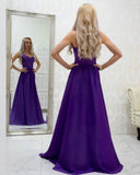 A-line Spaghetti Straps Grape Long Satin Prom Dresses Lace Top Formal Gowns PFP1658