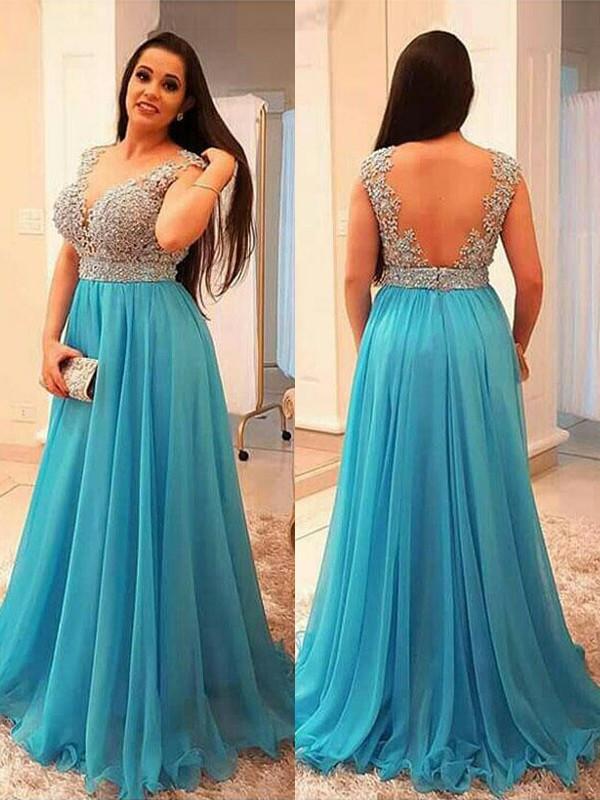 A-Line V-neck Sleeveless Beading Chiffon Ice Blue Plus Size Dresses PF   Promfast