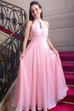 Pink Chiffon High Neck Simple Prom Dresses, Graduation Dresses