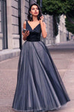 Charming V Neck Sleeveless Spaghetti Straps Navy Blue Ball Gown Prom Dress PFP0018