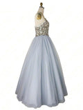 A-line Sweetheart Beaded Light Blue Long Prom Dresses Unique Formal Gowns PFP1659