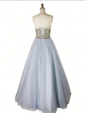 A-line Sweetheart Beaded Light Blue Long Prom Dresses Unique Formal Gowns PFP1659