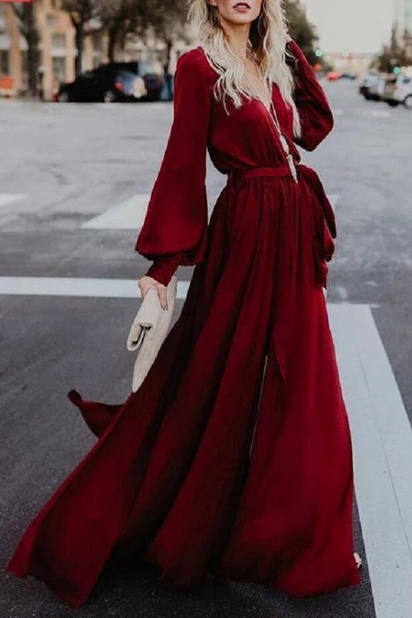 A-line Burgundy Long Prom Dresses Long Sleeve Simple Cheap Evening Dress PFP1660