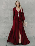 A-line Burgundy Long Prom Dresses Long Sleeve Simple Cheap Evening Dress PFP1660