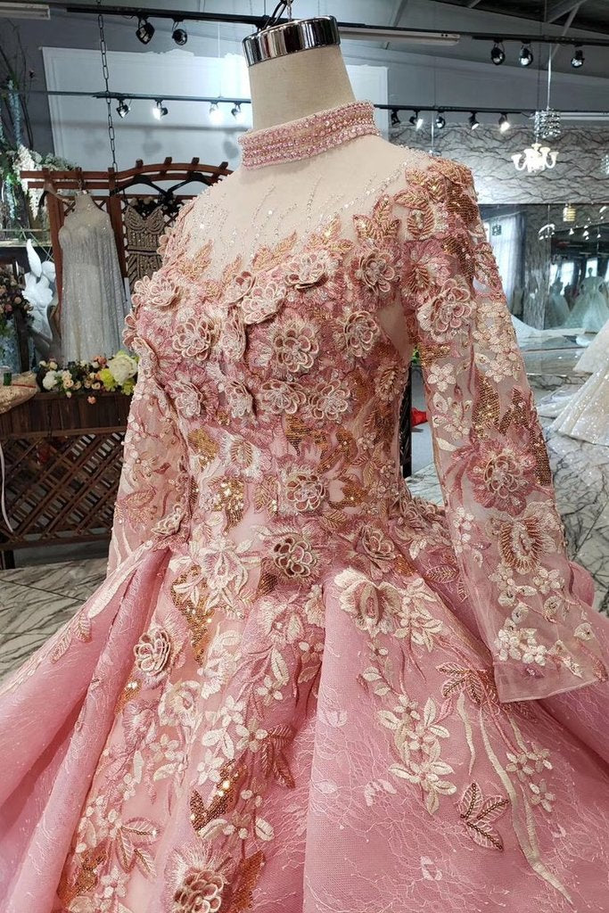 New Arrival Pink Prom Dresses Long Sleeves Ball Gown High Neck Quincea   Promfast