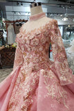 New Arrival Pink Prom Dresses Long Sleeves Ball Gown High Neck Quinceanera PFP0549