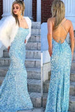 Mermaid Sky Blue Sequins Long Prom Dress Cheap Evening Dresses PFP1661