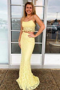 Two Piece Spaghetti Straps Yellow Lace Long Mermaid Prom Dress PFP1662