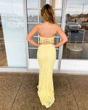 Two Piece Spaghetti Straps Yellow Lace Long Mermaid Prom Dress PFP1662