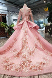 New Arrival Pink Prom Dresses Long Sleeves Ball Gown High Neck Quinceanera PFP0549