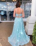 Spaghetti Straps Sky Blue Prom Dress Wit Slit Sparkly A Line Formal Dress PFP1663