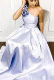 A-line One Shoulder Satin Long Prom Dress With Flowers Evening Dresses PFP1664