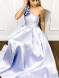A-line One Shoulder Satin Long Prom Dress With Flowers Evening Dresses PFP1664