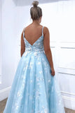 Spaghetti Straps Sky Blue Floral Appliques Long Prom Dresses Evening Dresses PFP1665