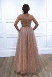 A-line One Shoulder Sparkly Long Sequins Prom Dresses Evening Dresses PFP1666