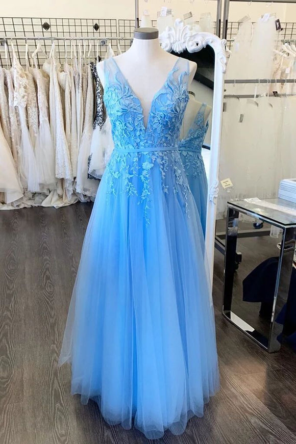 A-line V Neck Blue Long Prom Dresses Applique Tulle Evening Dresses PFP1667