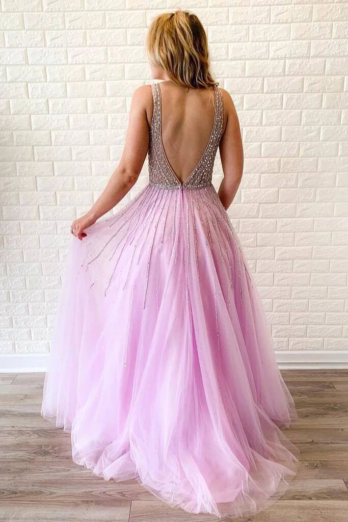A-line V Neck Lilac Long Prom Dresses Tulle Beaded Evening Gowns PFP16 –  Promfast