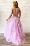A-line V Neck Lilac Long Prom Dresses Tulle Beaded Evening Gowns PFP1668