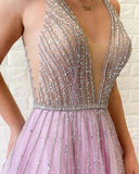 A-line V Neck Lilac Long Prom Dresses Tulle Beaded Evening Gowns PFP1668