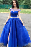 A-line Cap Sleeves Royal Blue Long Prom Dresses Beaded Evening Dresses PFP1669