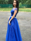 A-line Cap Sleeves Royal Blue Long Prom Dresses Beaded Evening Dresses PFP1669