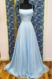 A-line Spaghetti Straps Light Sky Blue Long Simple Prom Dresses Evening Gowns PFP1670