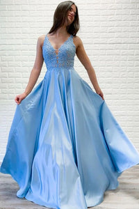 A-line V neck Lace Appliques Long Satin Prom Dresses Blue Evening Party Dresses PFP1671