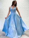 A-line V neck Lace Appliques Long Satin Prom Dresses Blue Evening Party Dresses PFP1671