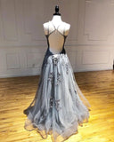 A-line Spaghetti Straps Lace Appliques Grey Tulle Long Prom Dresses Party Dresses PFP1674
