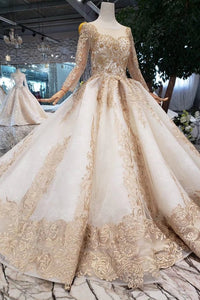 New Arrival Prom Dresses Long Sleeves Ball Gown Scoop With Applique Beads Lace Up Back