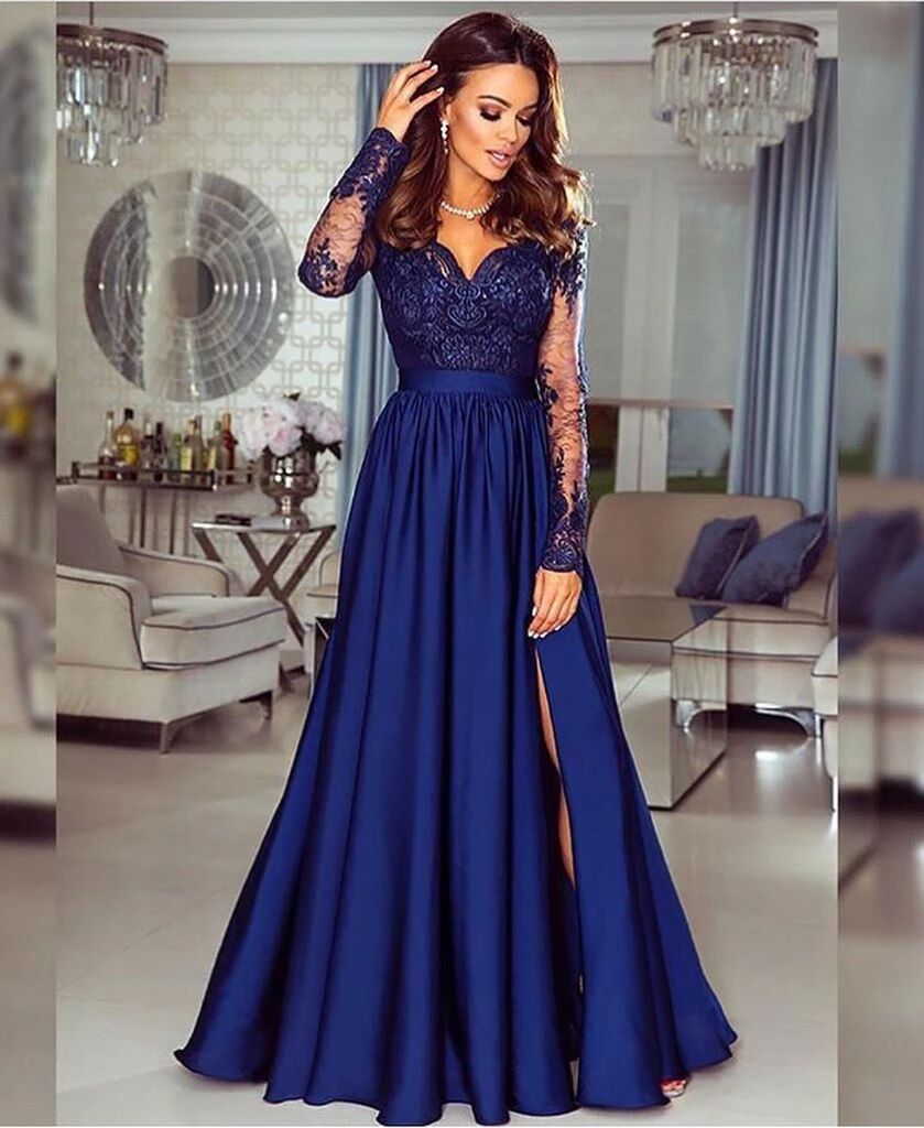 A-line V neck Long Sleeves Prom Dresses Lace Appliques Formal Gowns PF ...