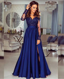 A-line V neck Long Sleeves Prom Dresses Lace Appliques Formal Gowns PFP1676