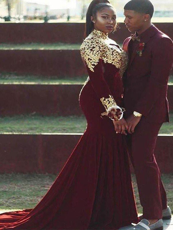 Trumpet/Mermaid High Neck Long Sleeves Applique Burgundy Plus Size Pro Promfast Trumpet/Mermaid High Neck Long Sleeves Applique Burgundy Plus Size Pro Promfast