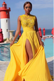 Promfast Sexy Elegant A line Yellow Chiffon Cap Sleeves Lace Evening Prom Dresses PFM0012