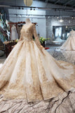 New Arrival Prom Dresses Long Sleeves Ball Gown Scoop With Applique Beads Lace Up Back PFP0550