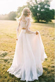 Two Piece Long Sleeves Chiffon Beach Wedding Dress With Lace PFW0439