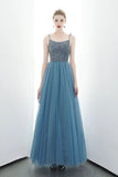 A-line Spaghetti Straps Blue Lace Up Back Beading Tulle Long Prom Dresses PFP1677