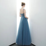 A-line Spaghetti Straps Blue Lace Up Back Beading Tulle Long Prom Dresses PFP1677