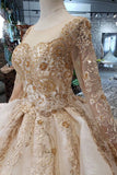 New Arrival Prom Dresses Long Sleeves Ball Gown Scoop With Applique Beads Lace Up Back PFP0550