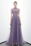 A-line Tulle Long High Neck Purple Prom Dresses With Ruffles Formal Evening Dress PFP1679