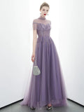 A-line Tulle Long High Neck Purple Prom Dresses With Ruffles Formal Evening Dress PFP1679