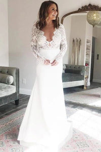 Sheath V-Neck Long Sleeves Deep V Neck Wedding Dress with Lace Top PFW0440